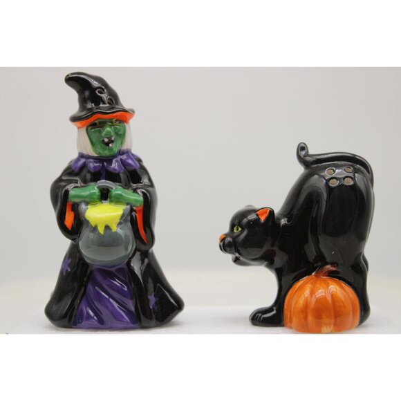 Salt & Pepper Shakers - Ceramic Witch & Black Cat by World Market - Picture 1 of 5